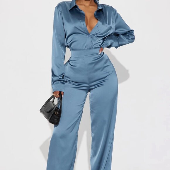 Fashion Nova Blue Makenzie Satin Pant Set  Size 1X NWT - Picture 1 of 8